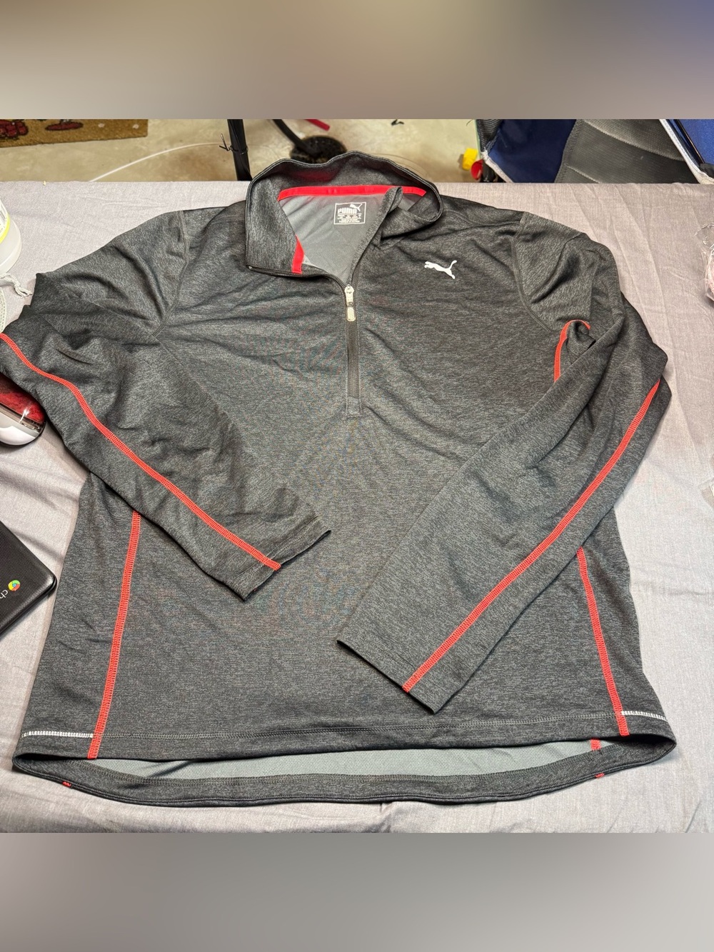 Puma Men's Charcoal Gray 1/4 Zip Pullover with Red Accents